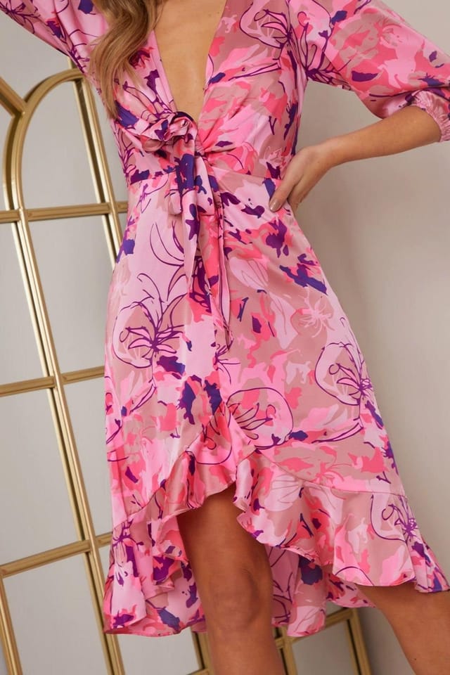 chi chi london Chi Chi London Women's Tie Front Abstract Floral Print Dip Hem Dress in Pink - 3