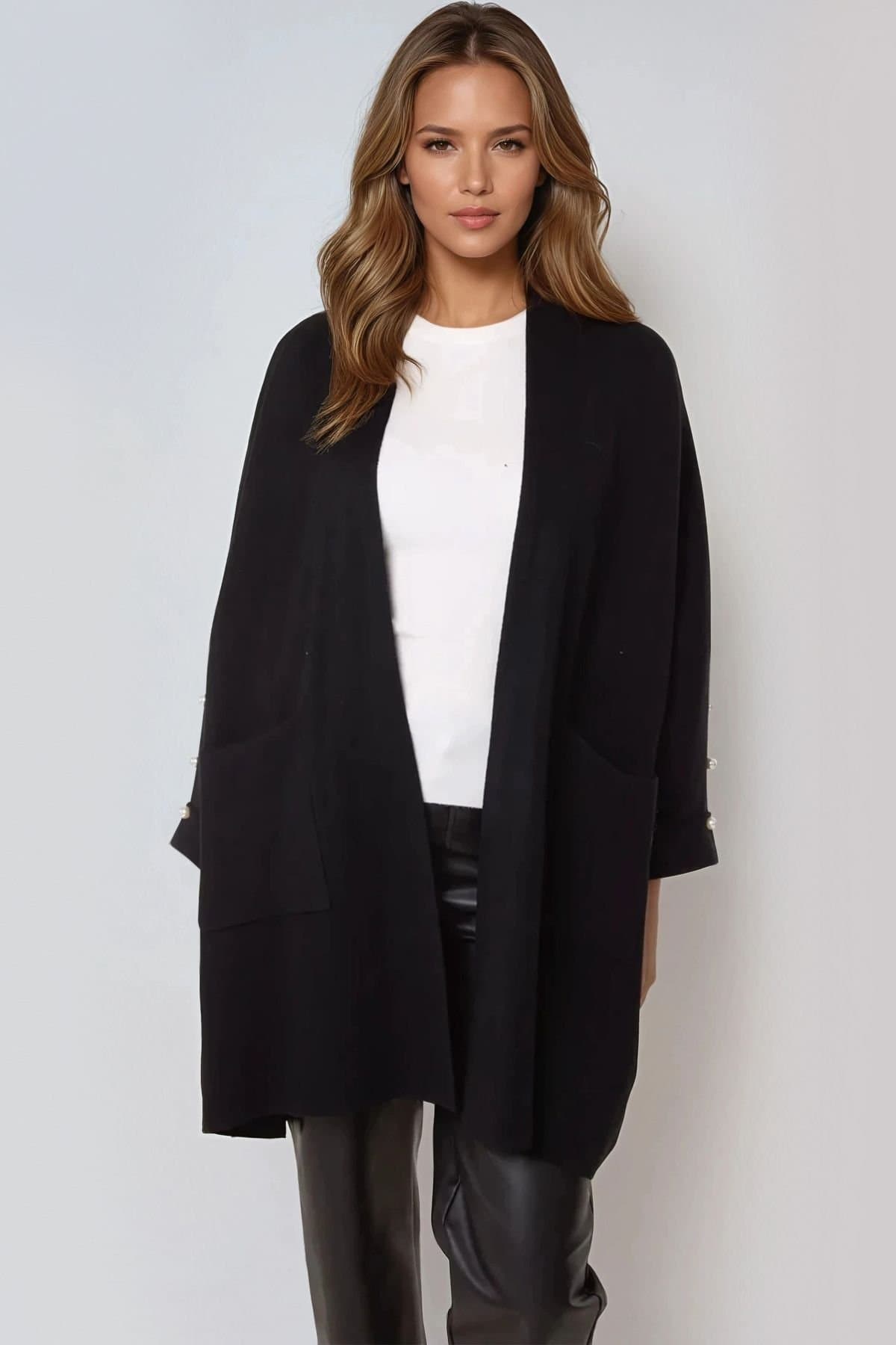 Aftershock London Aftershock London Women's Pearl Sleeve Open Cardigan in Black