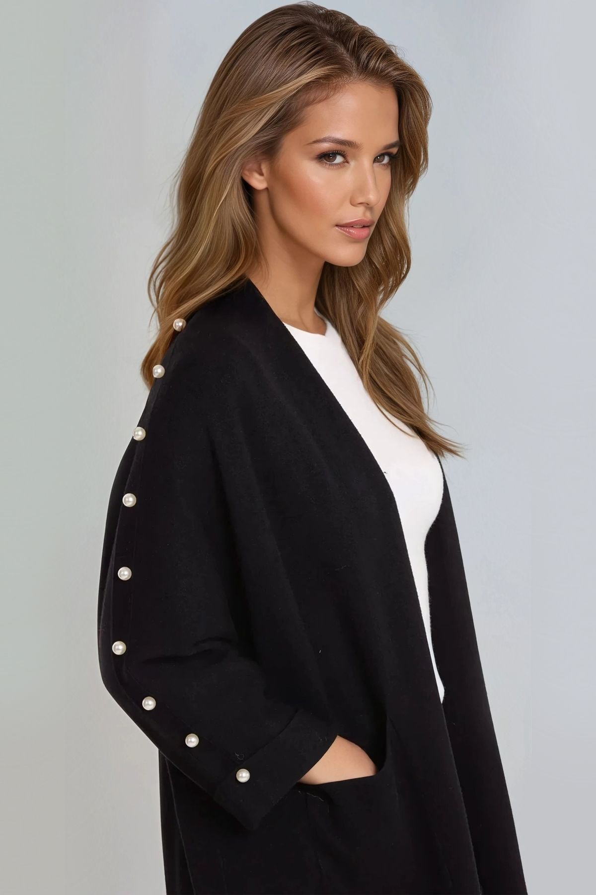 Aftershock London Aftershock London Women's Pearl Sleeve Open Cardigan in Black - 2