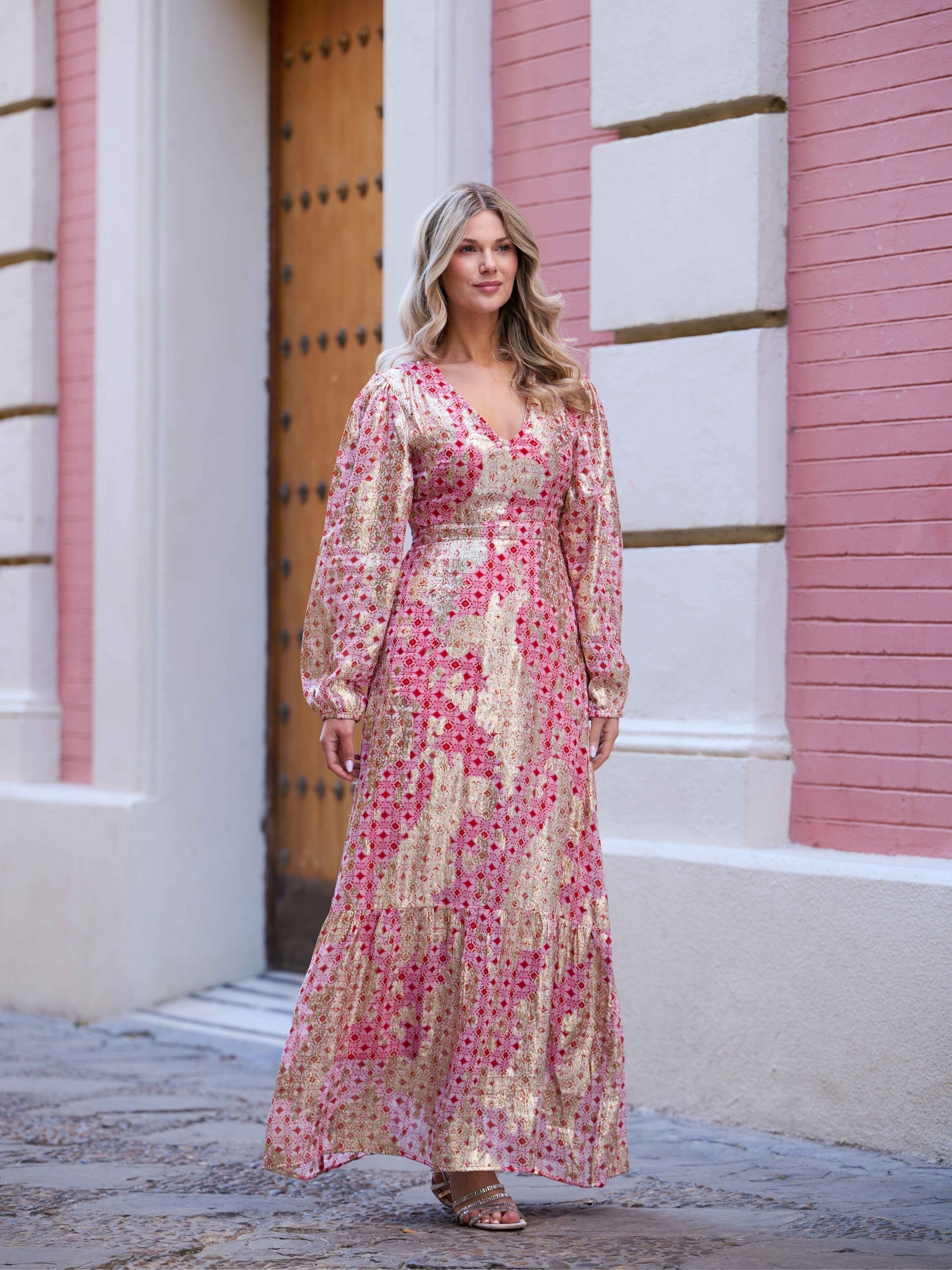 Finding Friday Finding Friday Women's Metallic Printed Balloon Sleeve Maxi Dress in Red - 2