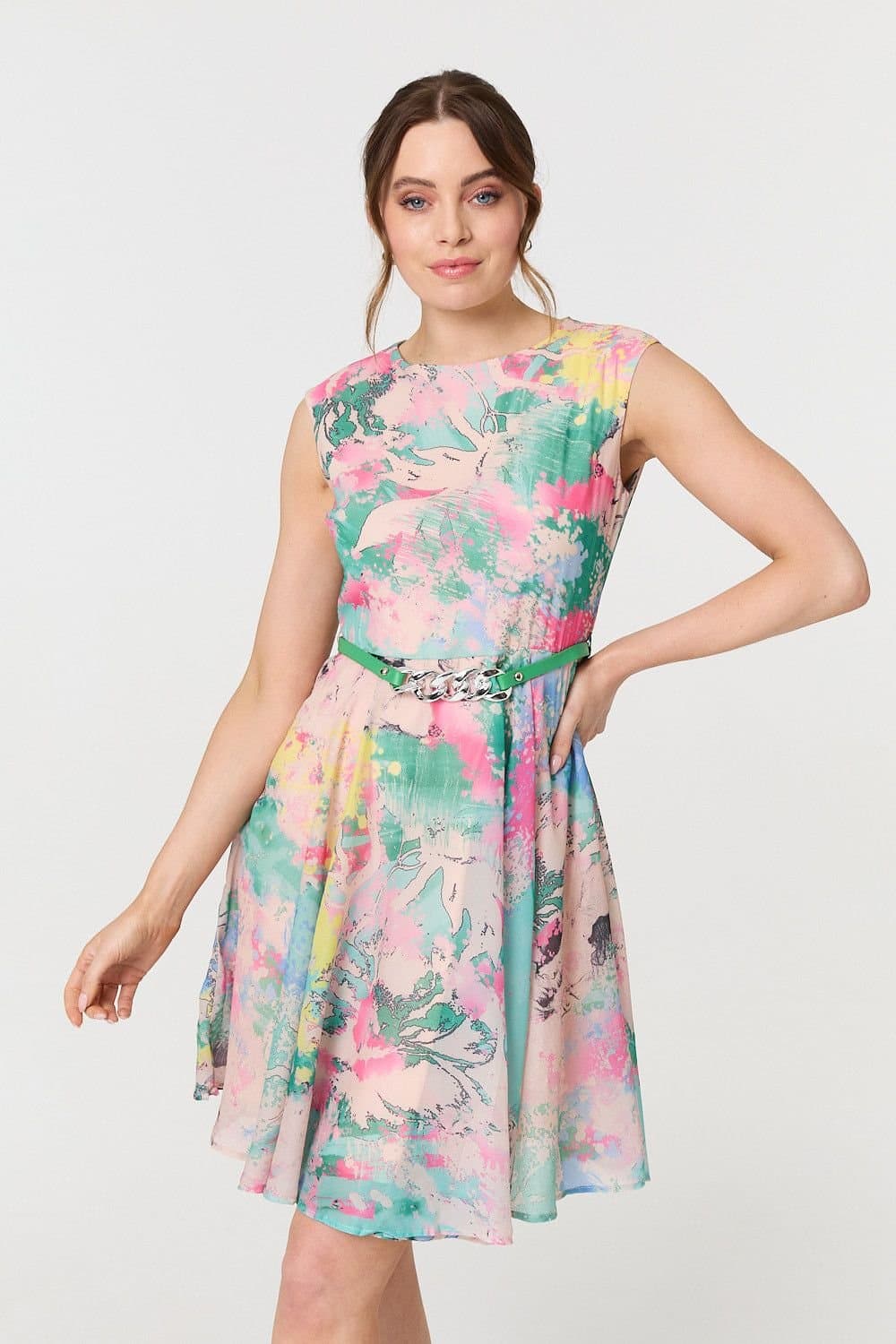 Izabel London Izabel London Women's Printed Sleeveless Short Skater Dress in Green