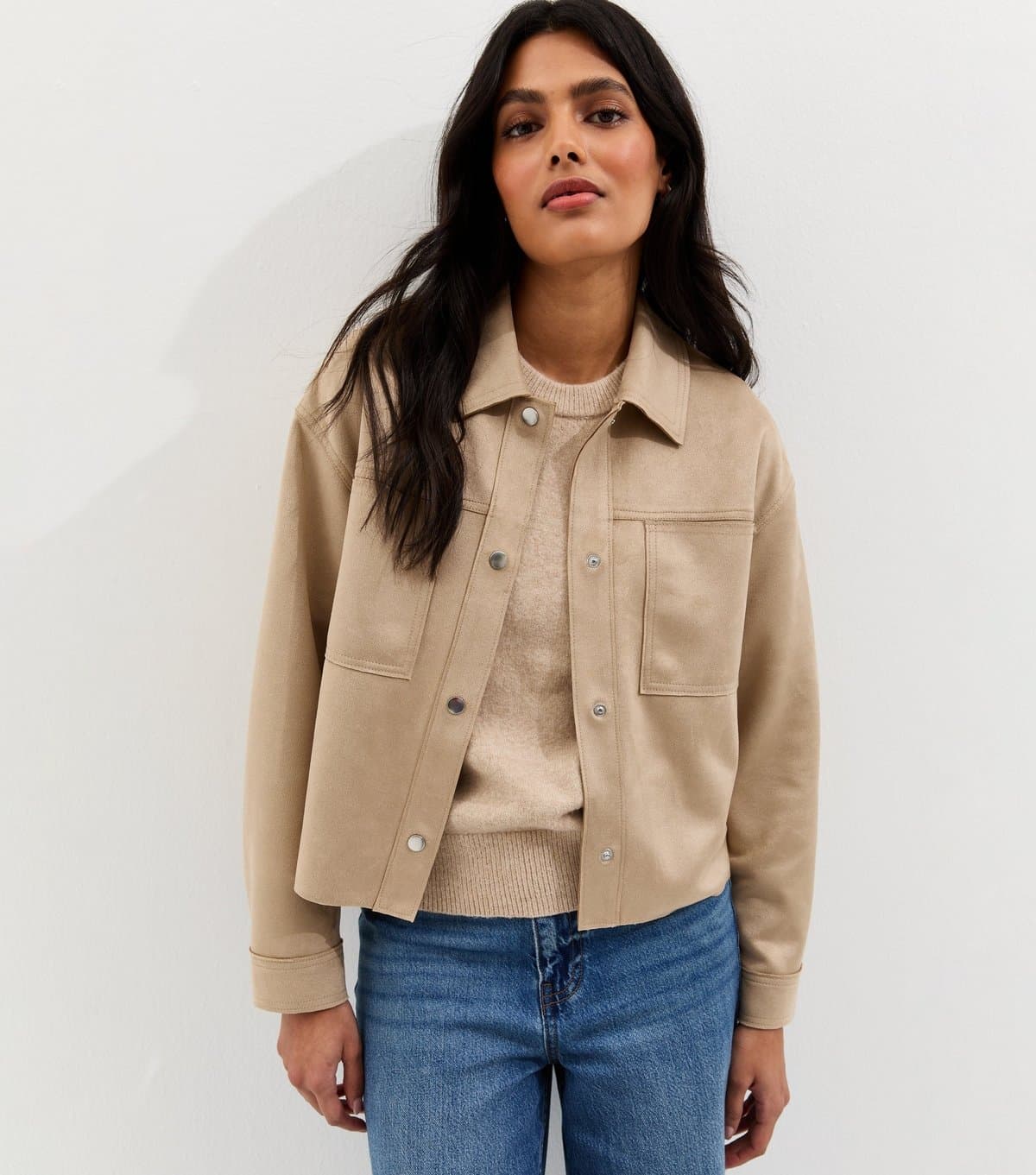 New Look Women's Stone Faux Suede Boxy Shacket New Look