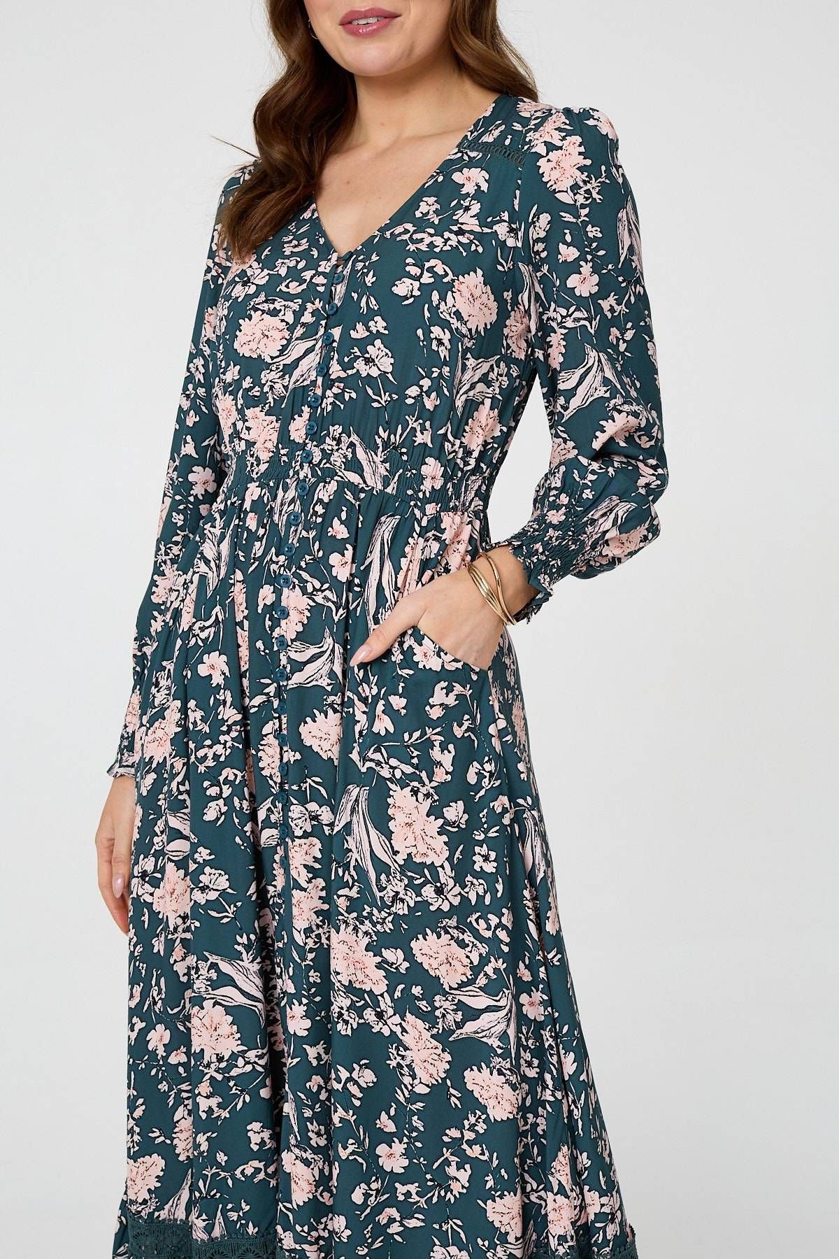 Izabel London Izabel London Women's Floral Long Sleeve Lace Maxi Dress in Teal - 2
