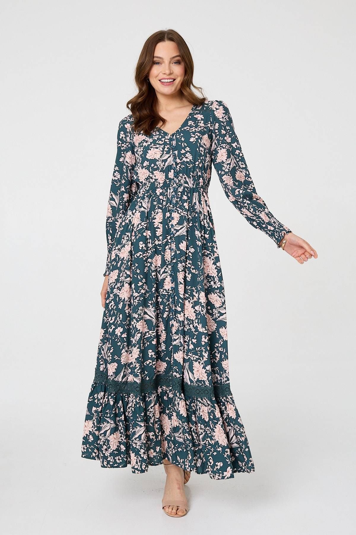 Izabel London Izabel London Women's Floral Long Sleeve Lace Maxi Dress in Teal - 3