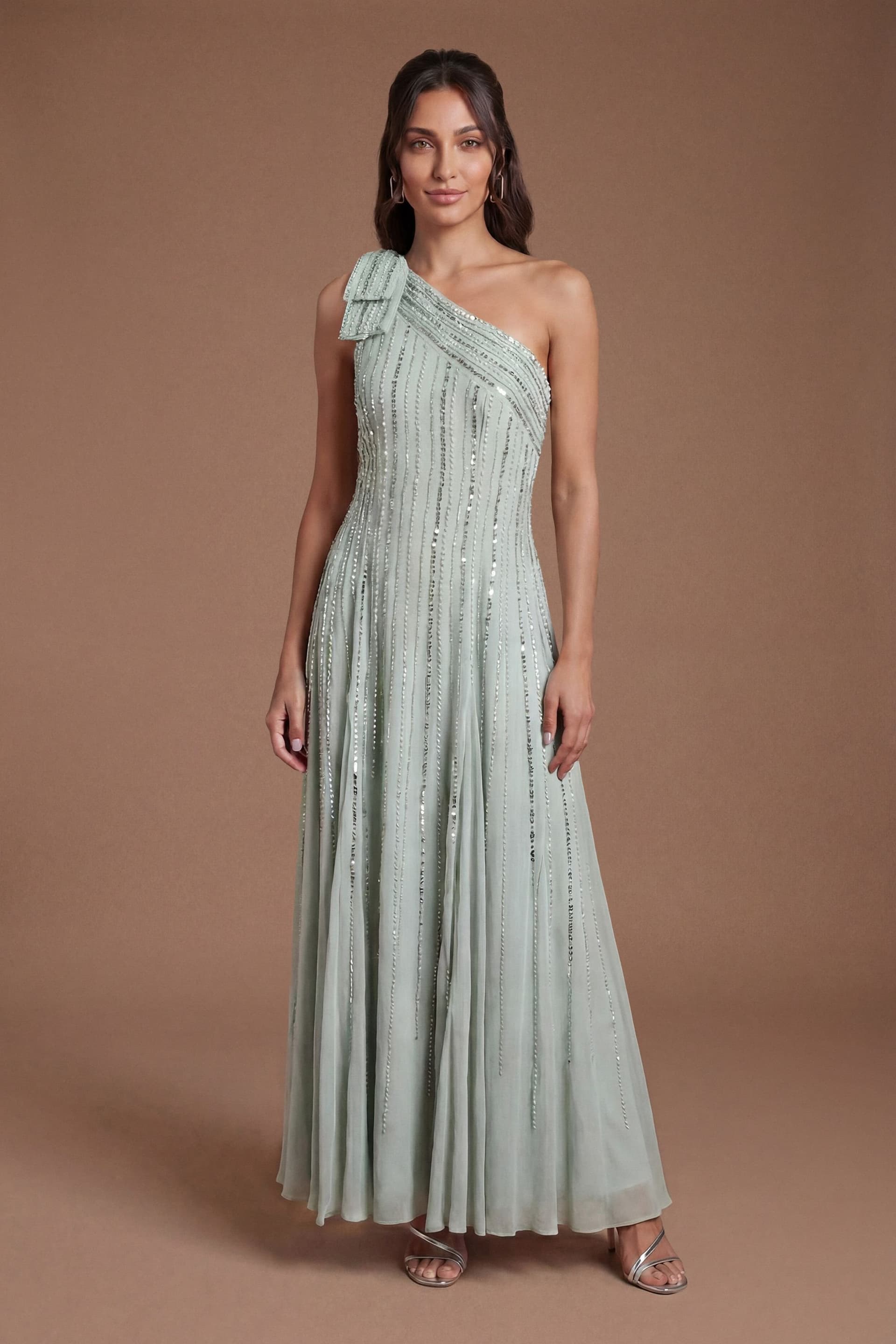 Coast Coast Women's Bow One Shoulder Embellished Maxi Dress in Sage