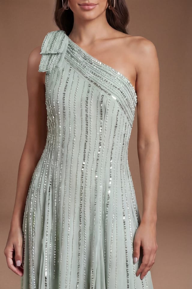 Coast Coast Women's Bow One Shoulder Embellished Maxi Dress in Sage - 2