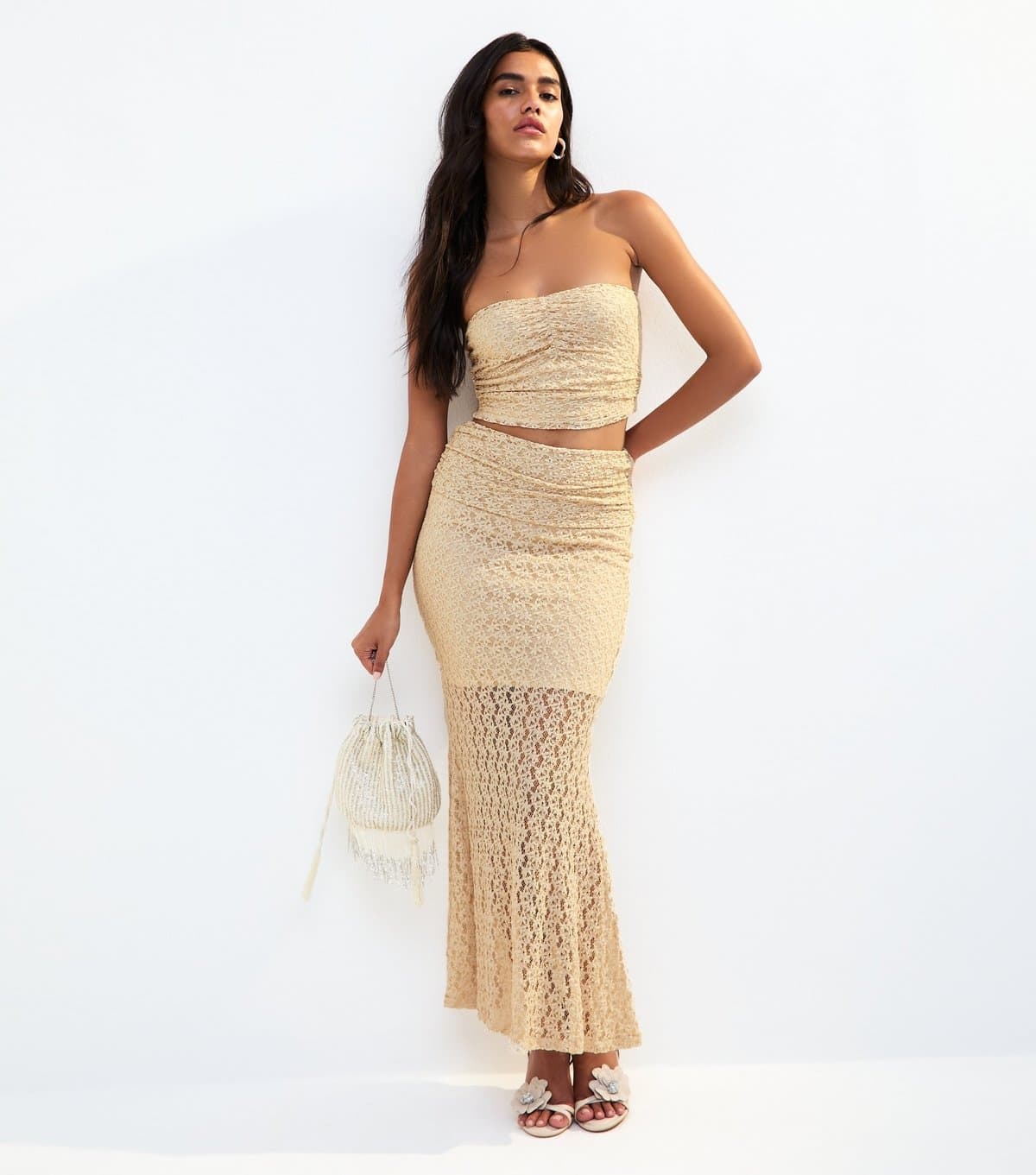 New Look Women's Off White Lace Midi Skirt New Look