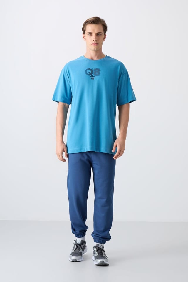 Tommy Life Tommy Life Men's Oversized Printed Logo Crew Neck T-Shirt in Blue - 2