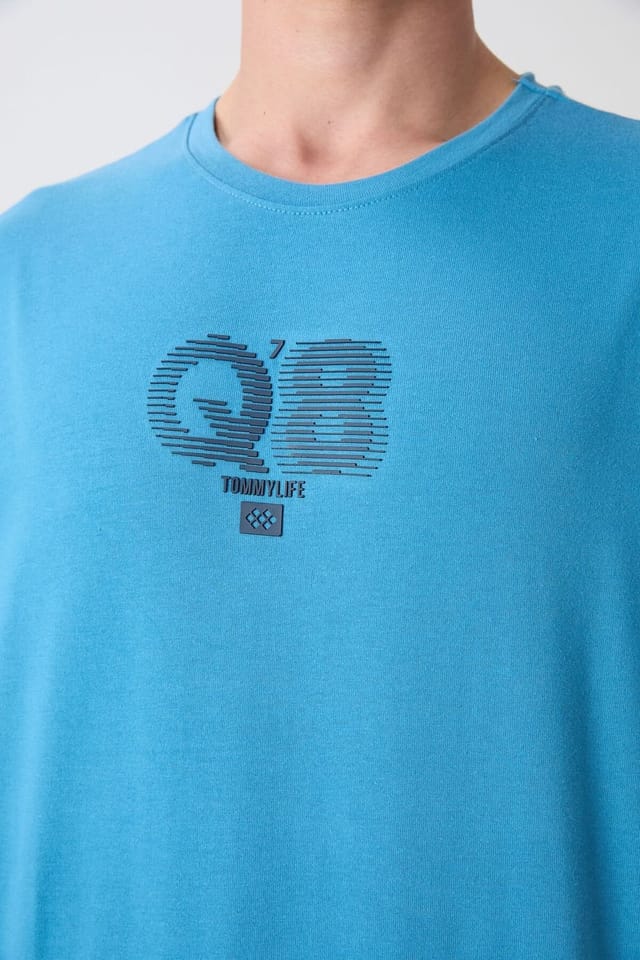 Tommy Life Tommy Life Men's Oversized Printed Logo Crew Neck T-Shirt in Blue - 3