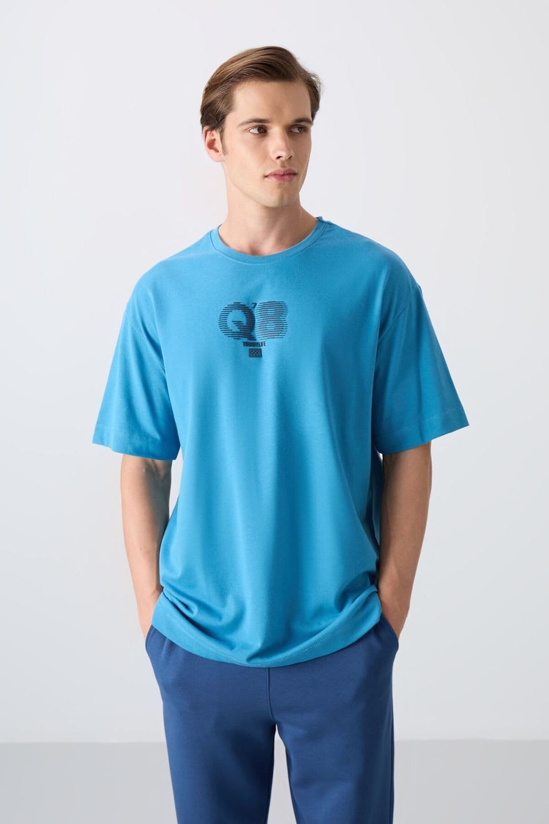 Tommy Life Tommy Life Men's Oversized Printed Logo Crew Neck T-Shirt in Blue - 4