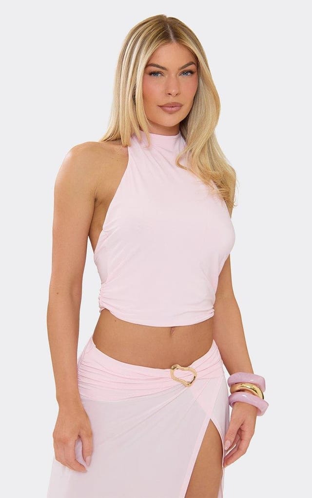 EGO Sleeveless Halterneck Top In Pink Slinky, Women's Size UK 6 - 2