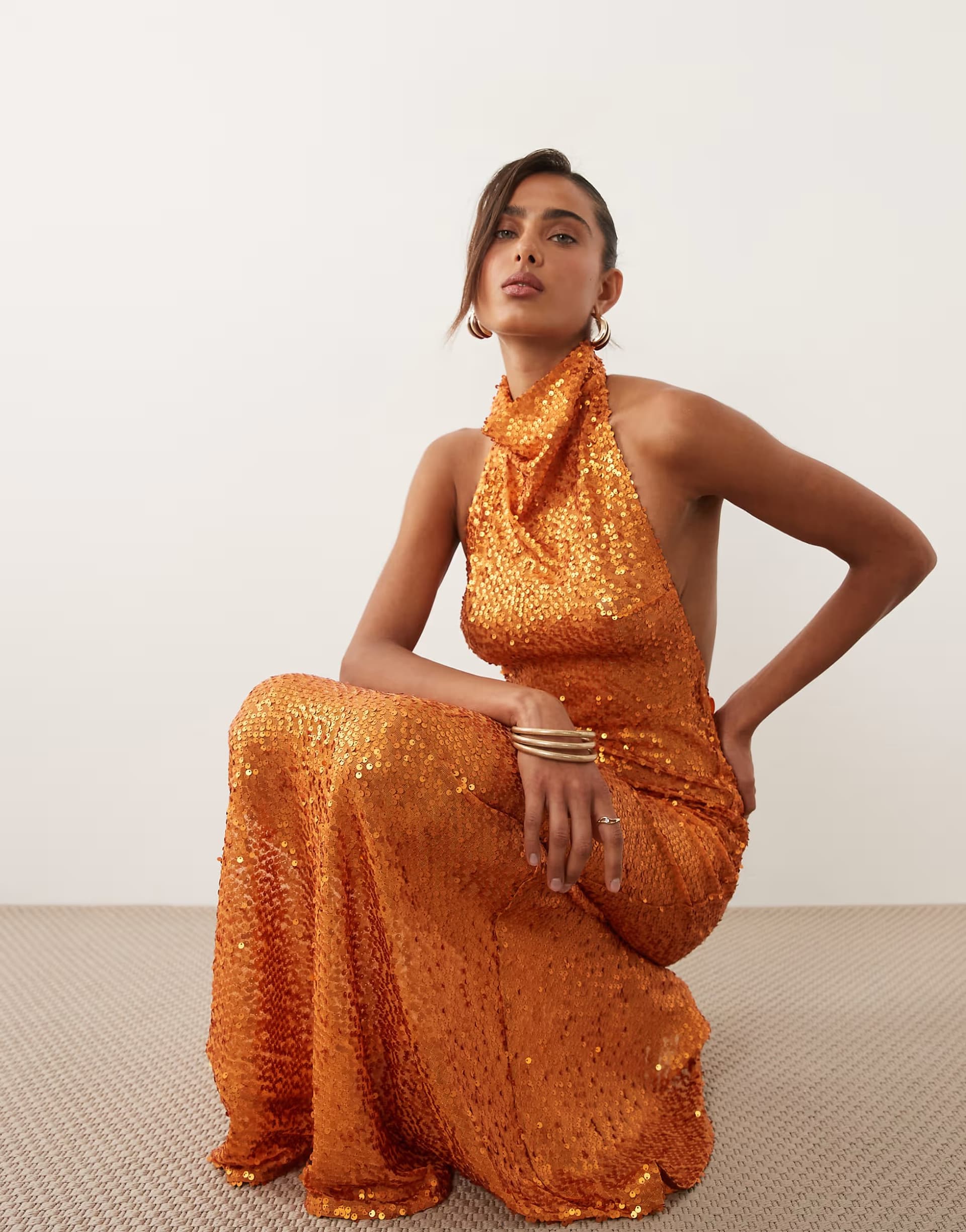 ASOS ASOS DESIGN embellished sheer sequin halter maxi dress in matte orange