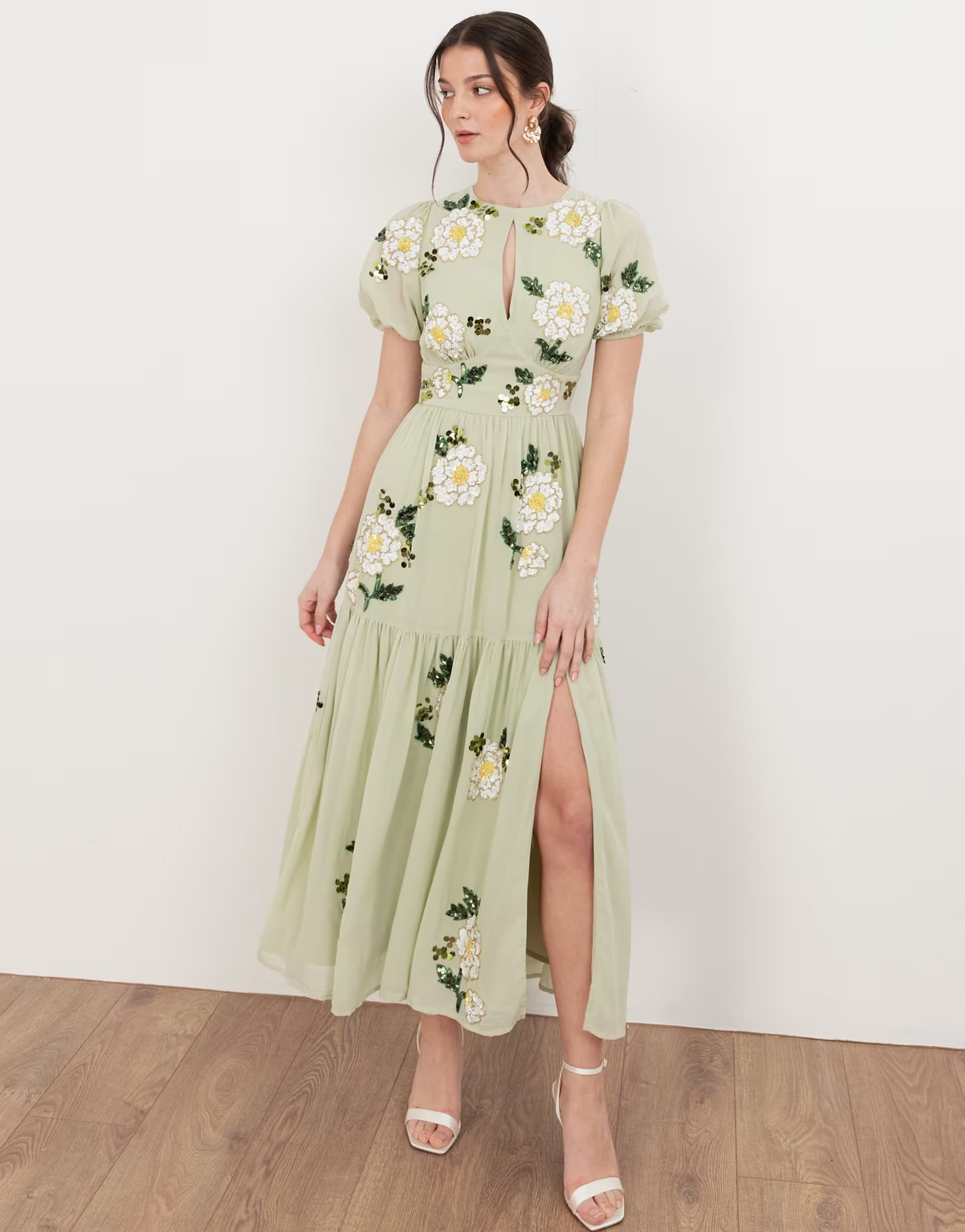 ASOS Maya Floral embellished short sleeve tiered midaxi dress in meadow green