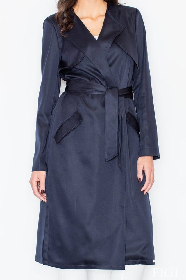 Love Lace Love Lace Women's Elegant Long Straight Knit Coat with Waist Tie in Blue - 3