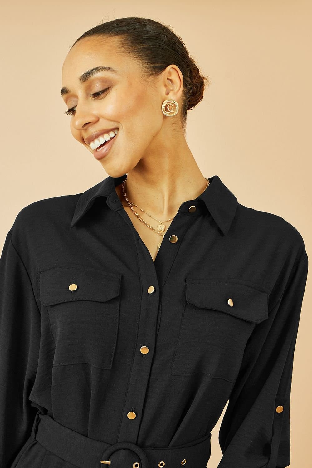 Yumi Yumi Women's Black Stretch Midi Shirt Dress
