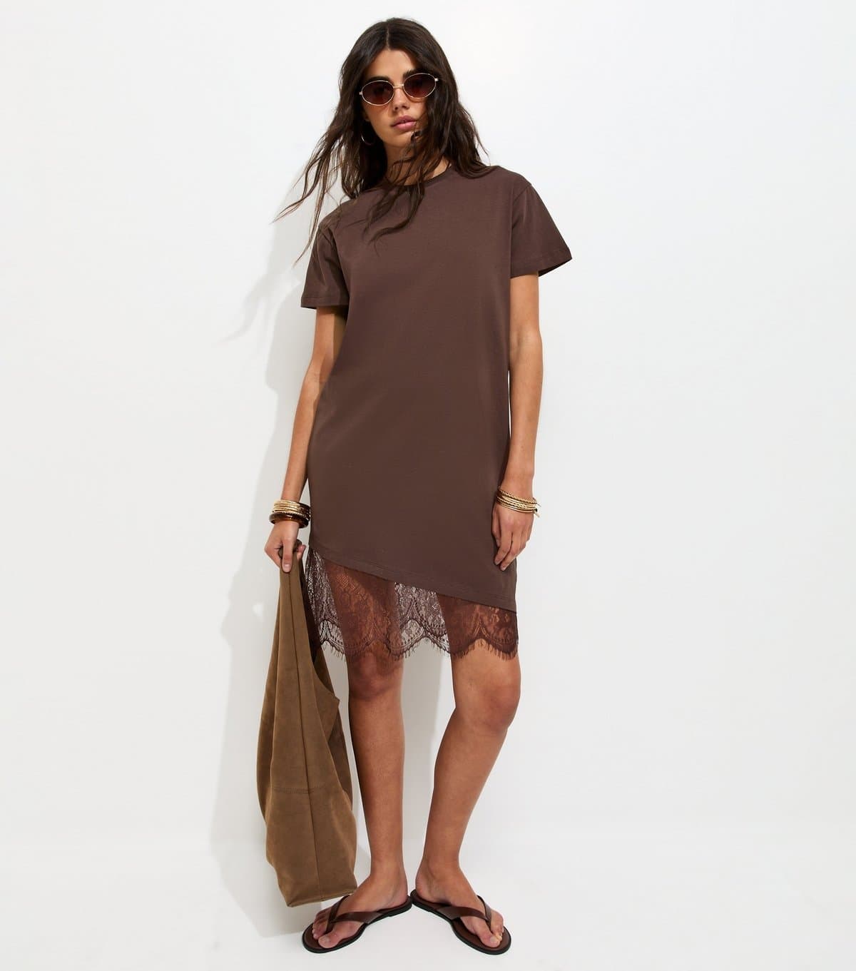 New Look Women's Dark Brown Cotton Asymmetric Lace Hem Mini Dress New Look