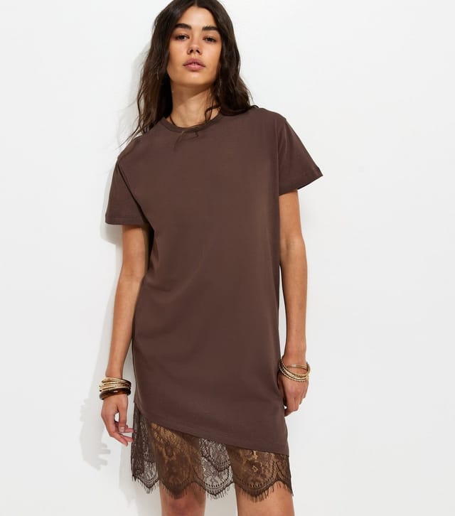 New Look Women's Dark Brown Cotton Asymmetric Lace Hem Mini Dress New Look - 2