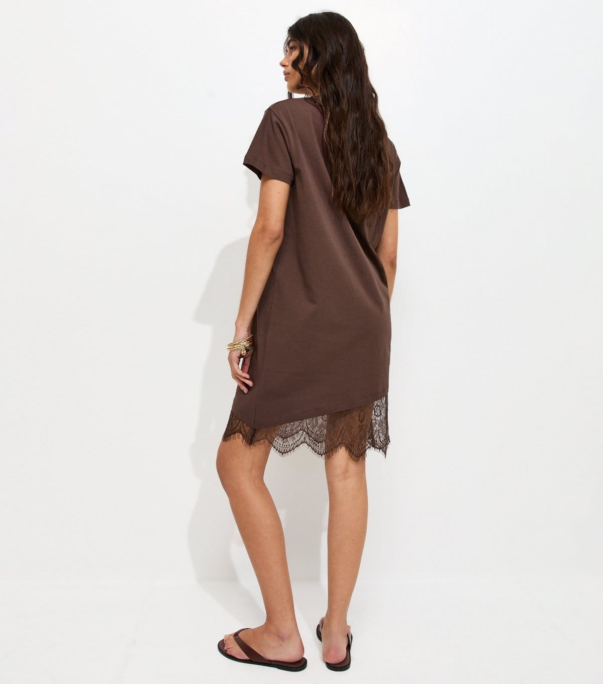New Look Women's Dark Brown Cotton Asymmetric Lace Hem Mini Dress New Look - 4