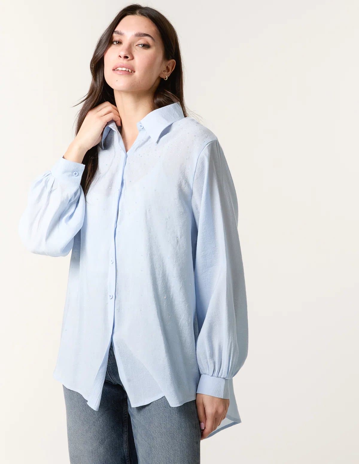 Blue Vanilla Diamante Detailed Classic Shirt