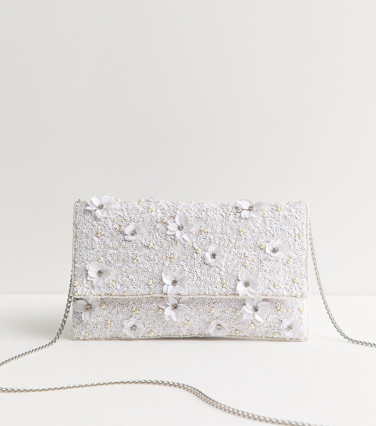 New Look New Look White Sequinned Floral Envelope Clutch
