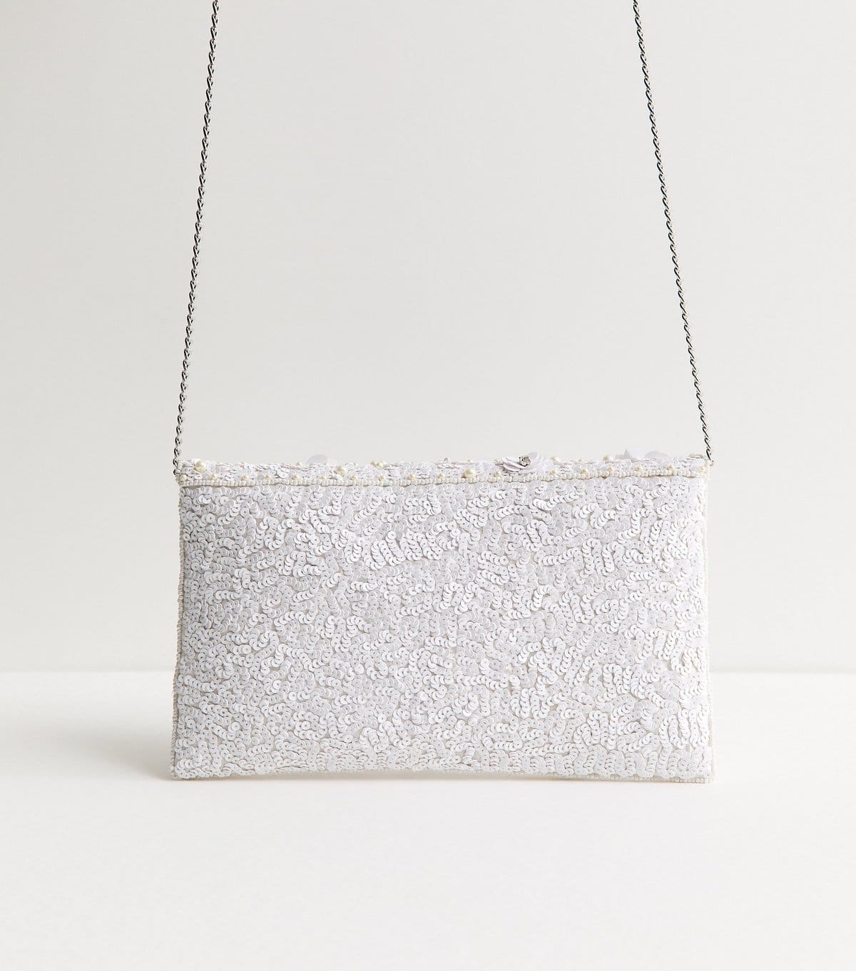 New Look White Sequinned Floral Appliqued Envelope Clutch New Look - 4