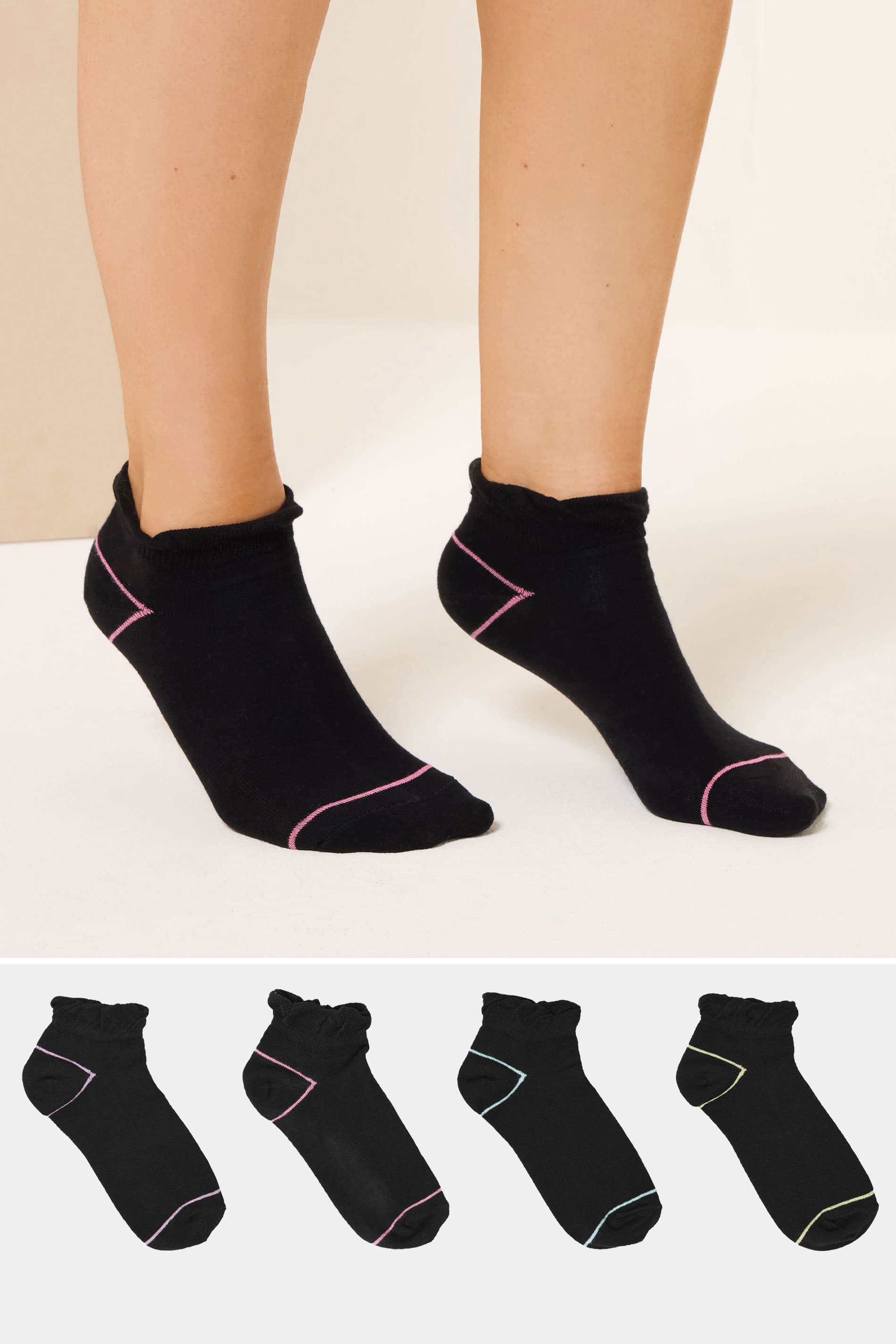 Yours 4 Pack Plus Size Black Contrast Stripe Trainer Liner Socks