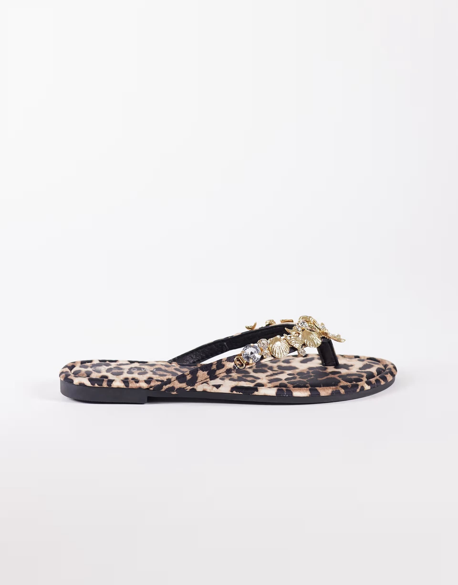 ASOS SEQWL embellished flip flops in leopard