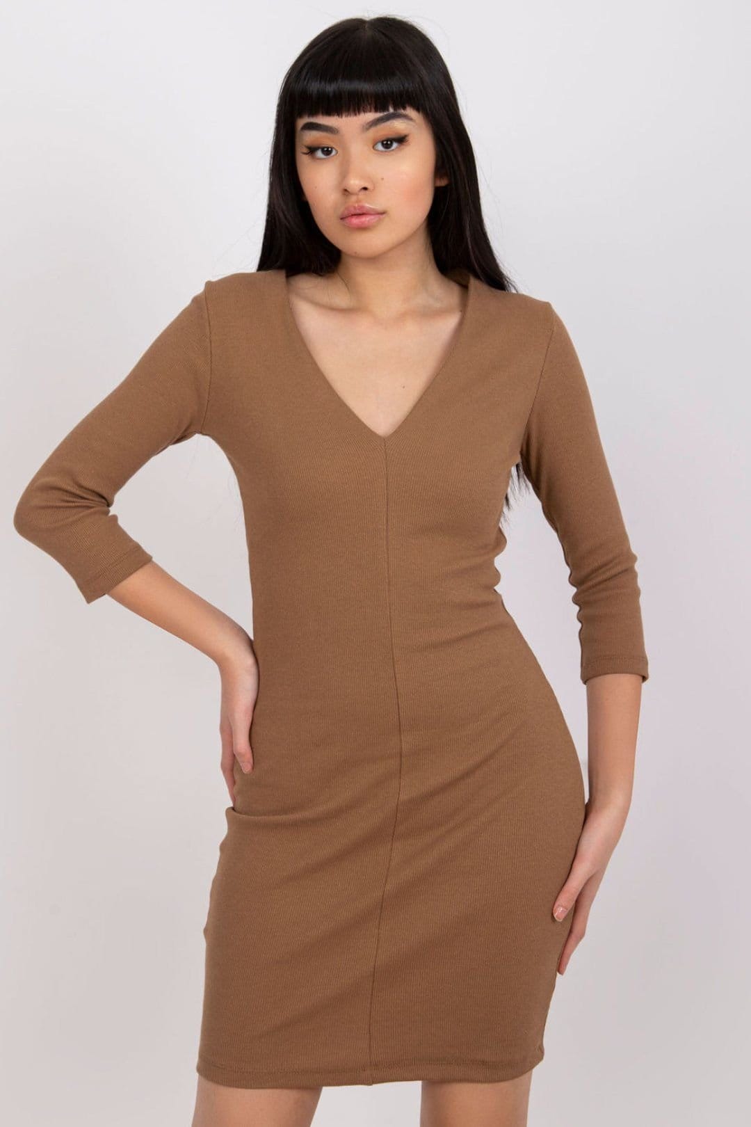 Love Lace Brown Ribbed Heart Neck Pencil Dress