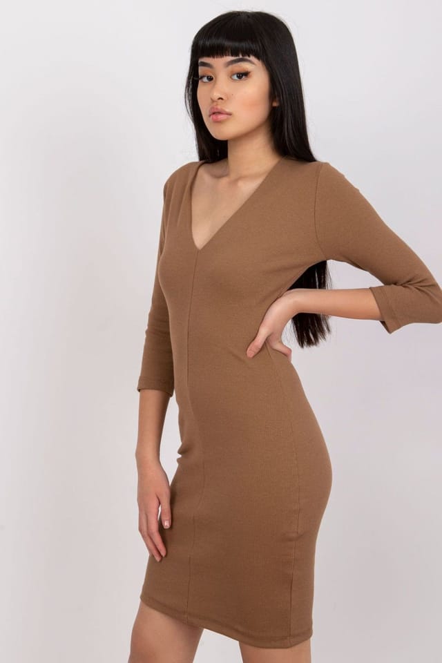 Love Lace Love Lace Women's Ribbed Heart Neck Pencil Dress Long Sleeves in Brown - 3