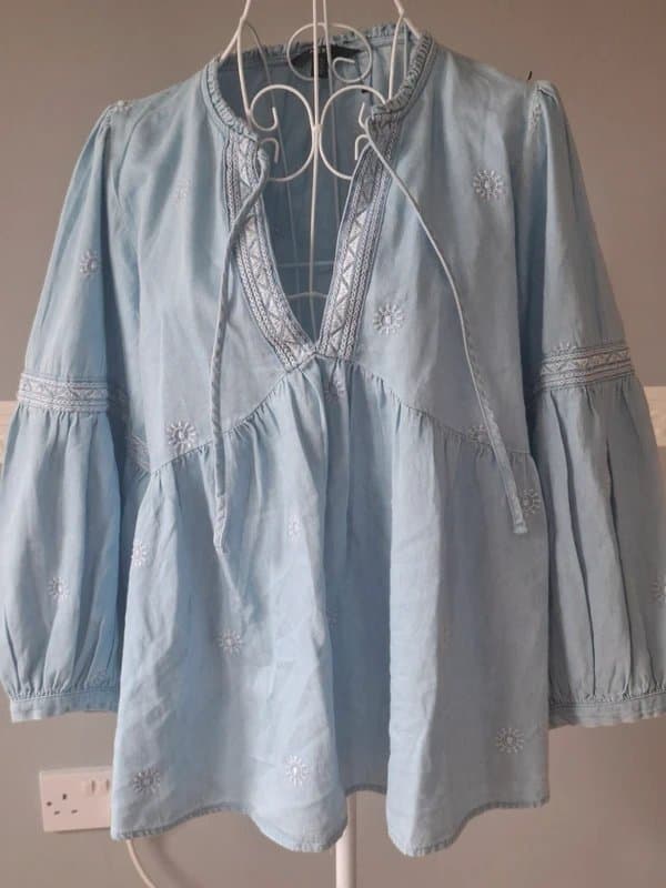 Next NEXT Light Blue Embroidered Peplum Blouse – Size UK 14