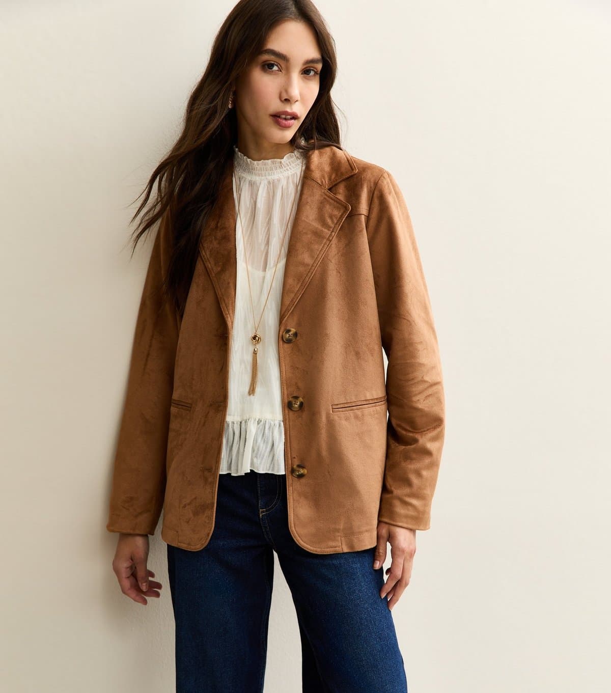 New Look Women's Tan Faux Suede Button Up Jacket New Look