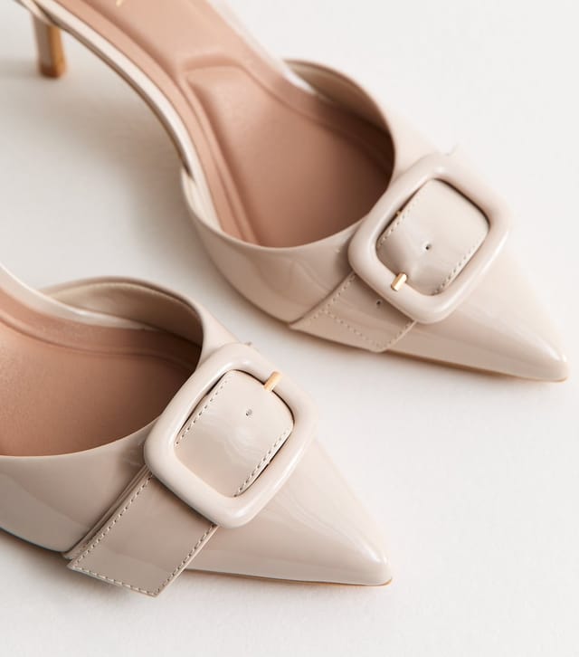New Look Women's Off White Faux Patent Leather Buckle Strap Open Court Shoes Vegan New Look - 3