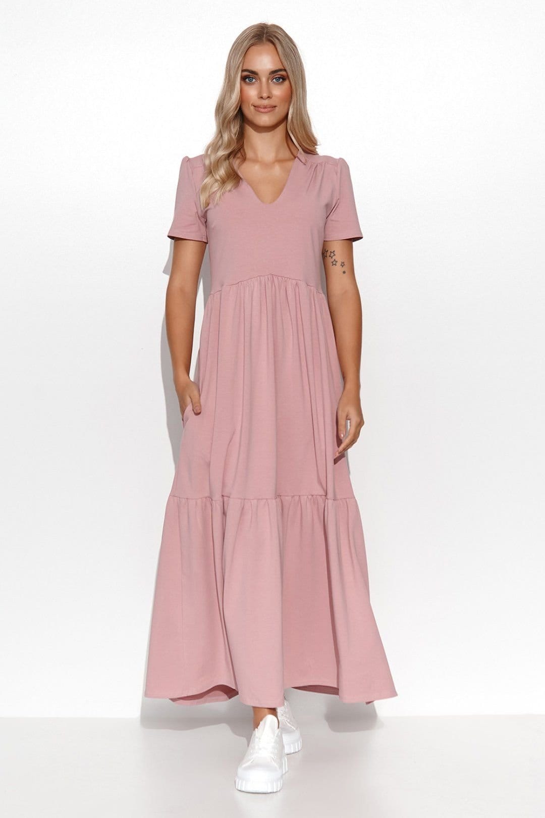 Love Lace Pink V-Neck Maxi Knit Dress with Ruffles