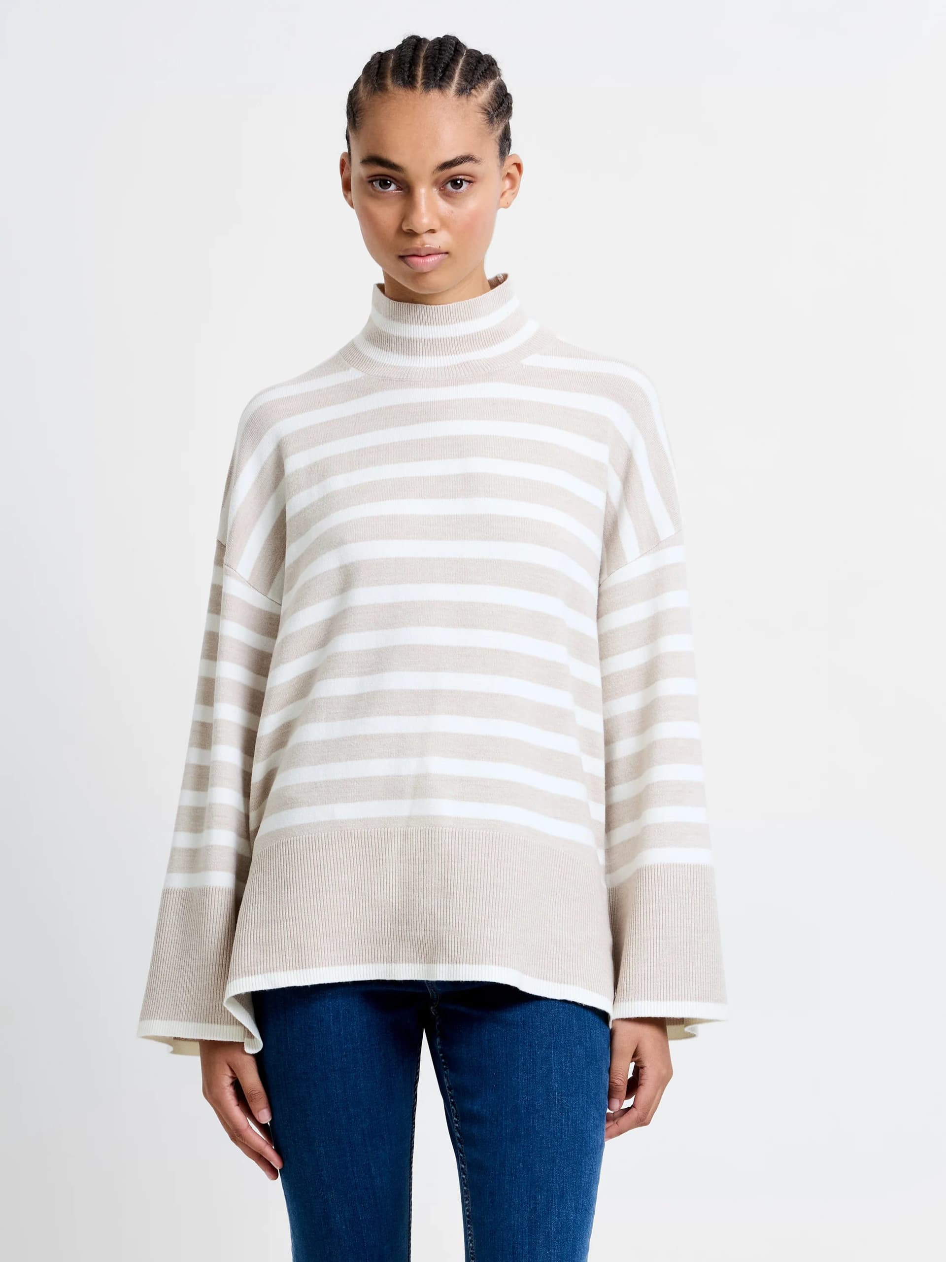 French Connection Babysoft Stripe High Neck Side Split Stripe Jumper Oatmeal Mel/Winter White