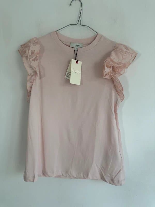 Ted Baker 10 Ted baker t-Shirt top pale pink jersey ruffle lace cap sleeve new £55 size 2