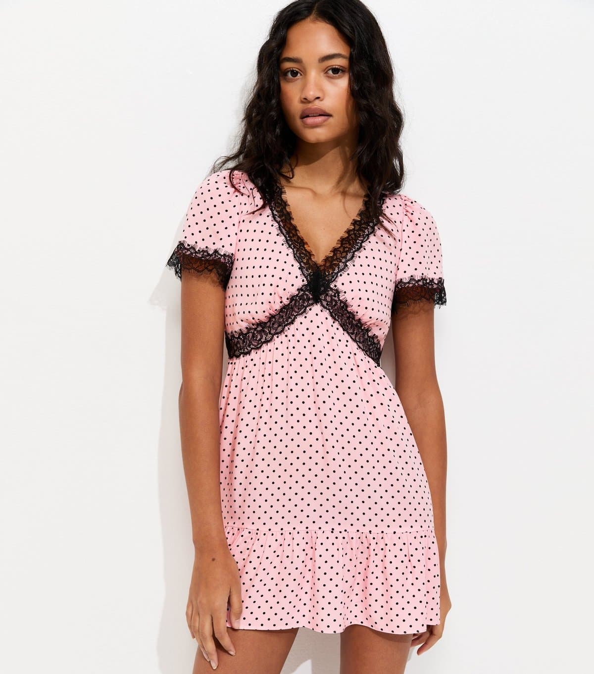 New Look Women's Light Pink Polka Dot Lace Trim Mini Dress New Look