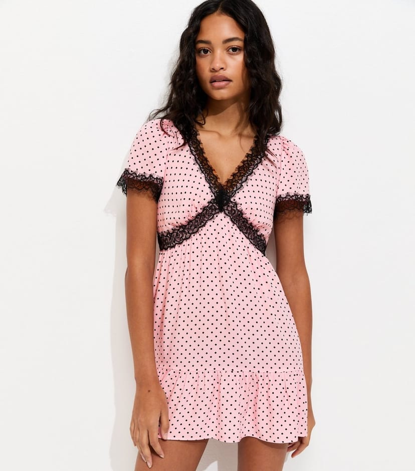 New Look Women's Light Pink Polka Dot Lace Trim Mini Dress New Look - 1