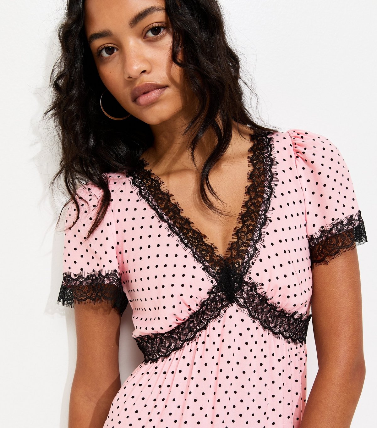 New Look Women's Light Pink Polka Dot Lace Trim Mini Dress New Look - 2