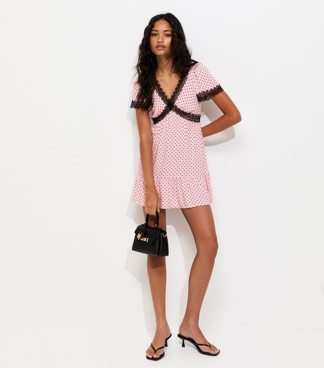 New Look Women's Light Pink Polka Dot Lace Trim Mini Dress New Look - 3