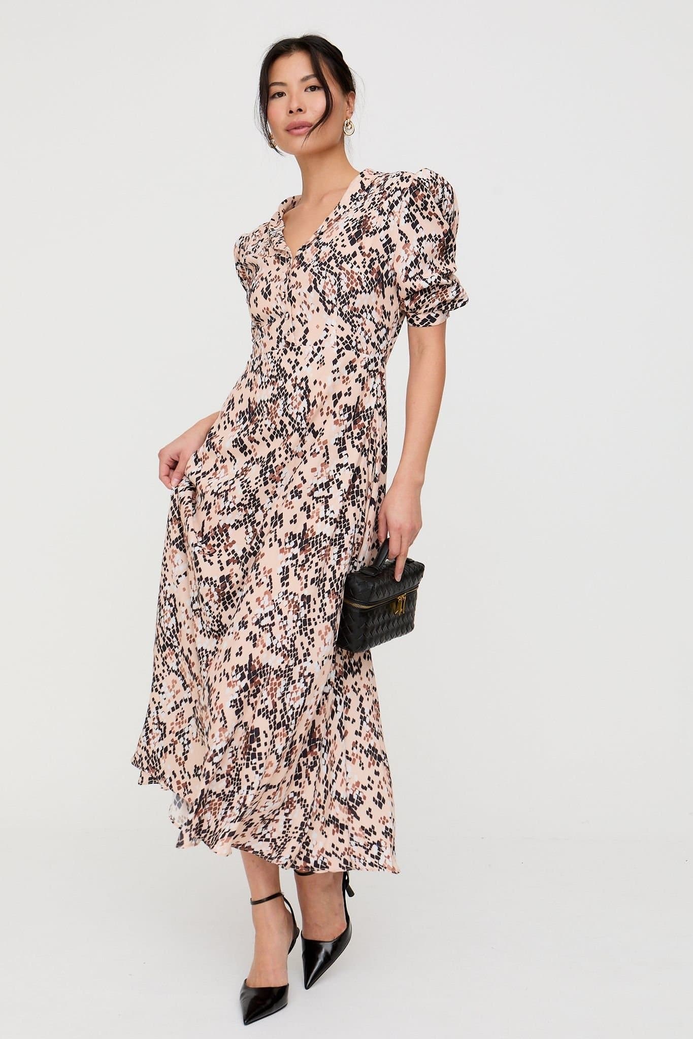 Lily and Lionel Lily and Lionel Women's Julia Button Down Snakeskin Print Maxi Dress In Brown in Pale Pink