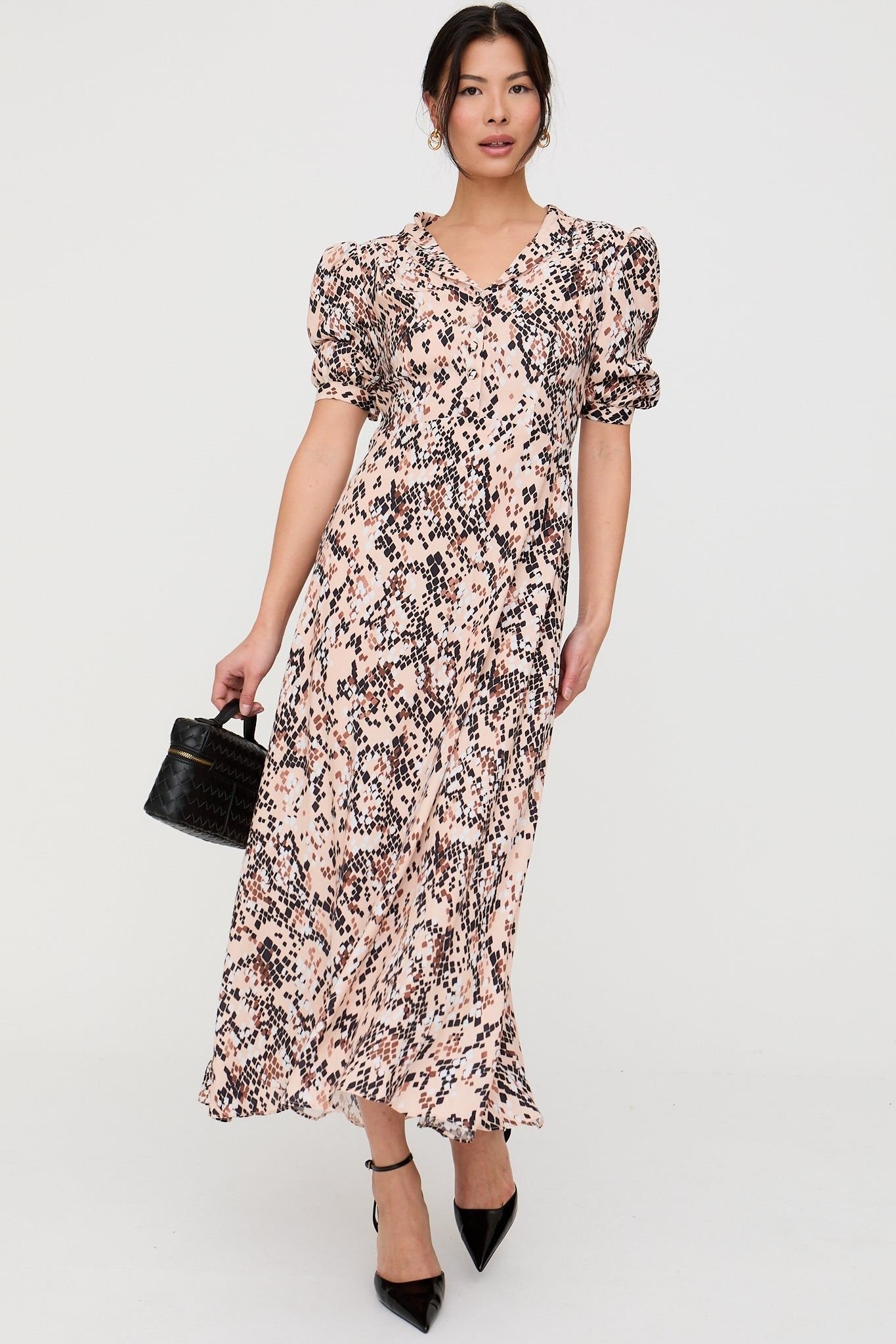 Lily and Lionel Lily and Lionel Women's Julia Button Down Snakeskin Print Maxi Dress In Brown in Pale Pink - 4