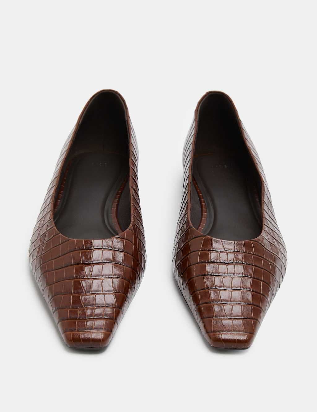Marks & Spencer M&S Leather Croc Chisel Toe Flat Pumps Tan