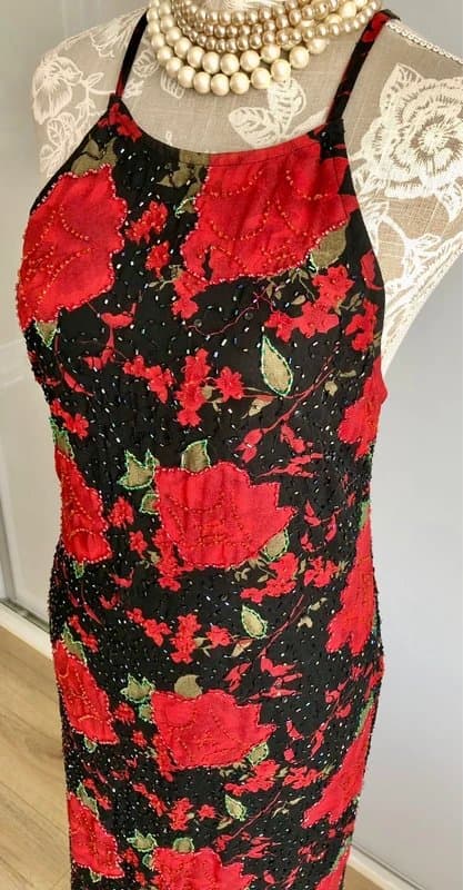 Vintage Dressing Vintage 90s Beaded Red Rose Whimsigoth Halter Maxi Dress / Evening Gown