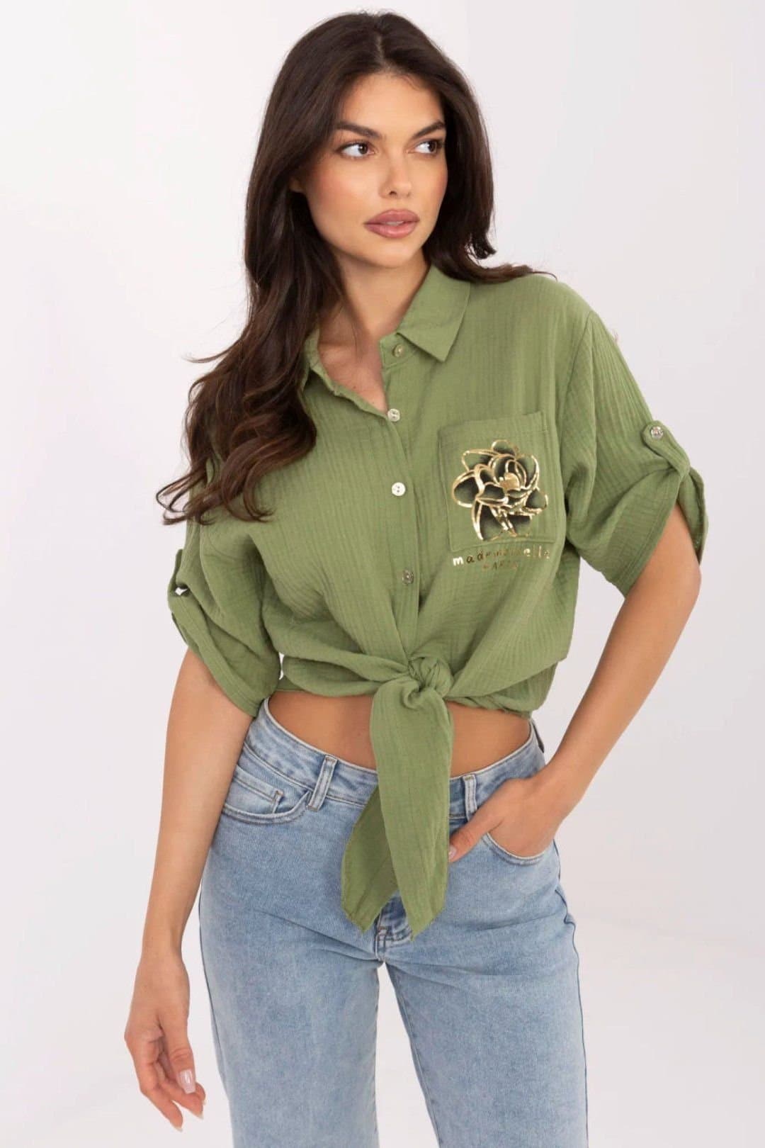 Love Lace Love Lace Women's Casual Cotton Tie Hem Shirt with Pocket in Green