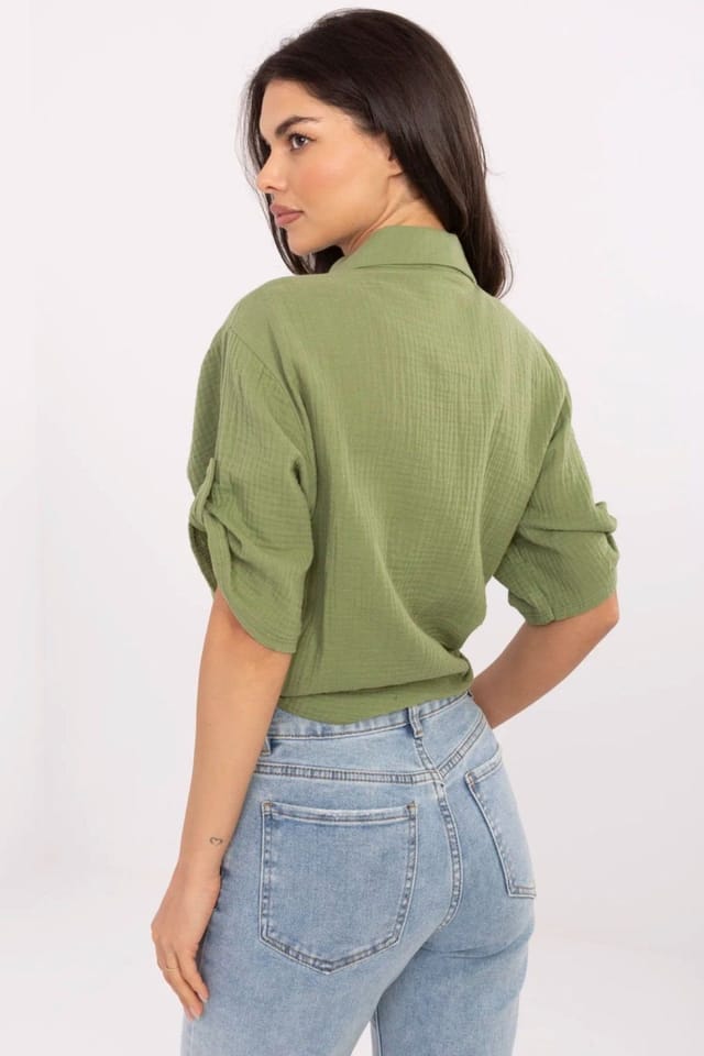 Love Lace Love Lace Women's Casual Cotton Tie Hem Shirt with Pocket in Green - 3