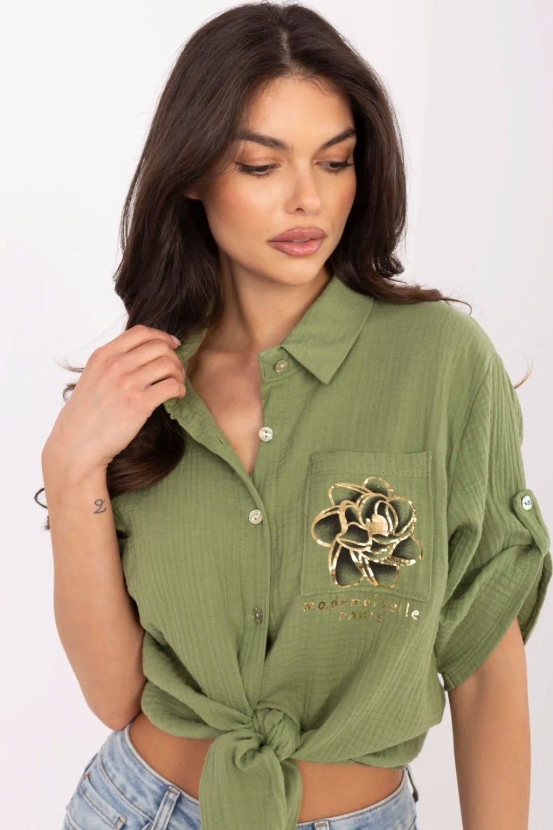Love Lace Love Lace Women's Casual Cotton Tie Hem Shirt with Pocket in Green - 4