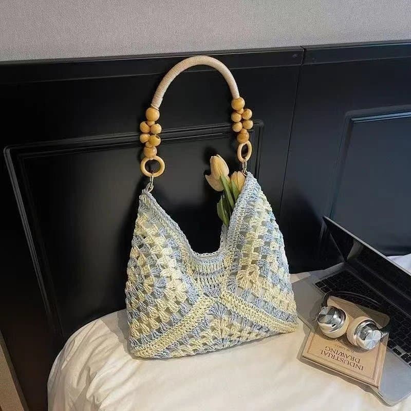 New Look Blue Cream Crochet Hollow Tote Bag