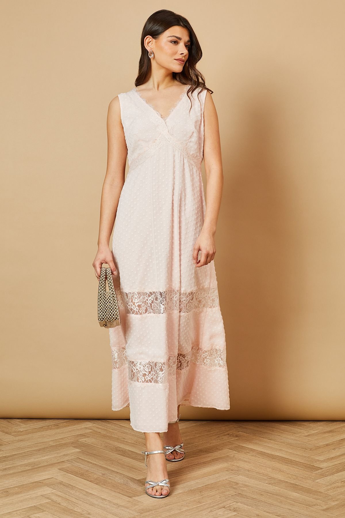 Oasis Oasis Women's Dobby Chiffon Lace Insert Midi Dress in Blush - 2