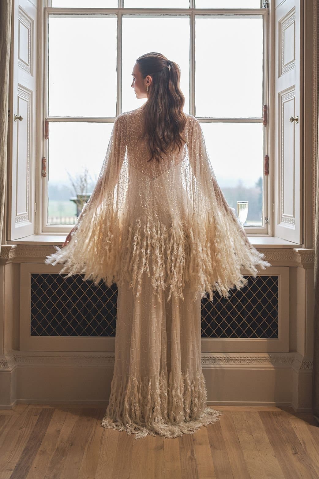 Coast Coast Women's Embellished Feather Trim Cape Maxi Wedding Dress in Ecru