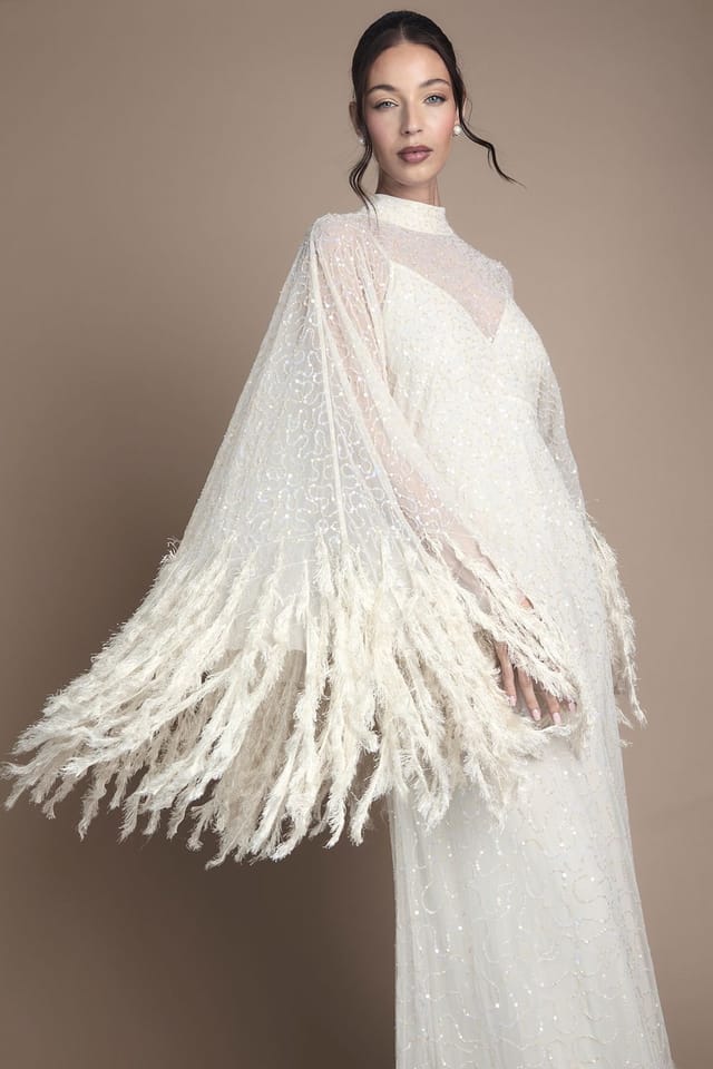 Coast Coast Women's Embellished Feather Trim Cape Maxi Wedding Dress in Ecru - 2